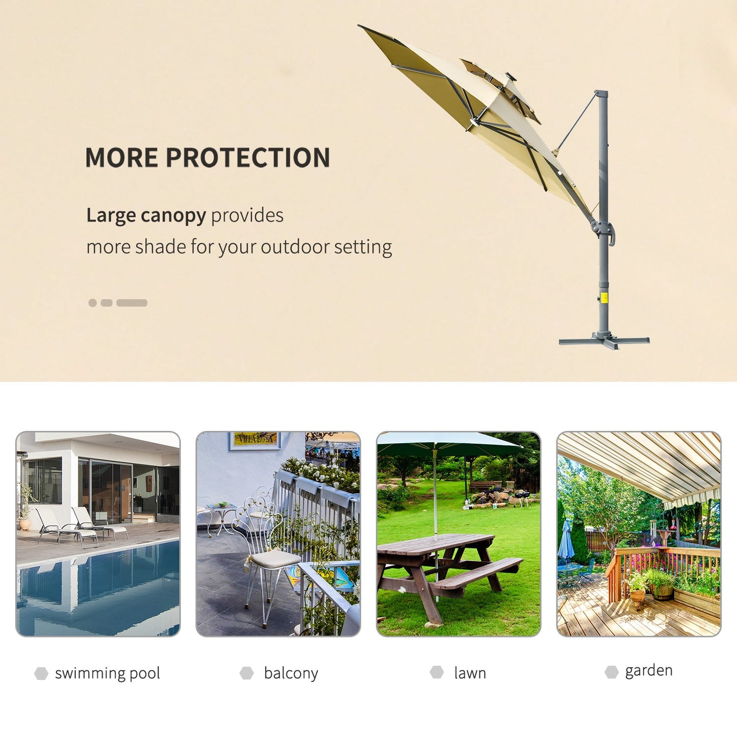 3m Cantilever Parasol w/ Solar Lights Power Bank Base 360° Spin Khaki