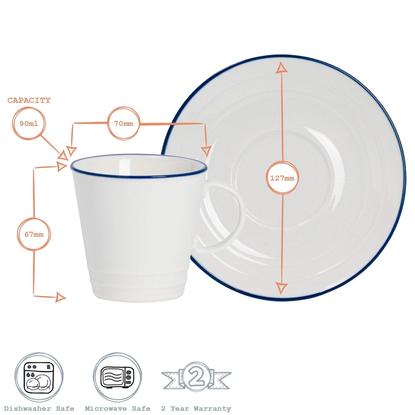 13cm Farmhouse White Porcelain Espresso Saucers - Pack of Six