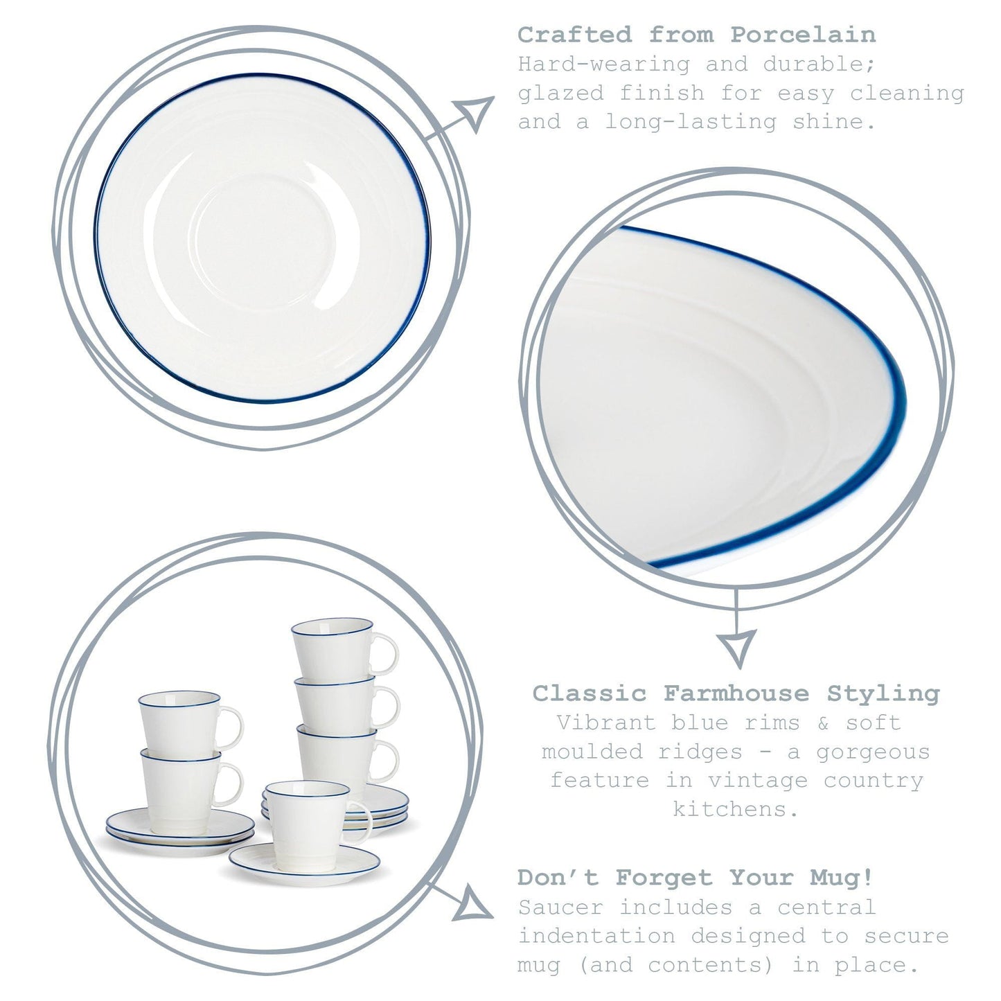 16cm Farmhouse White Porcelain Teacup Saucers - Pack of Six