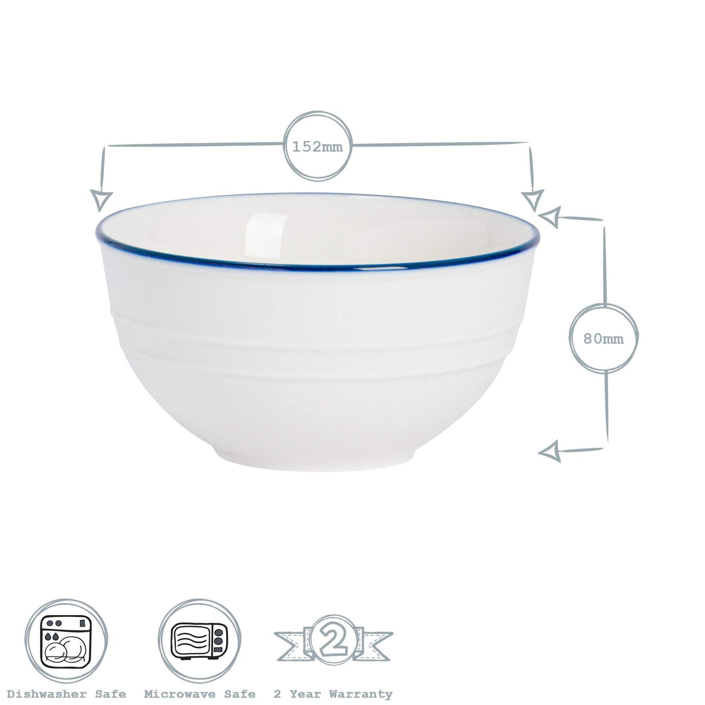 15cm Farmhouse White Porcelain Cereal Bowls - Pack of Six