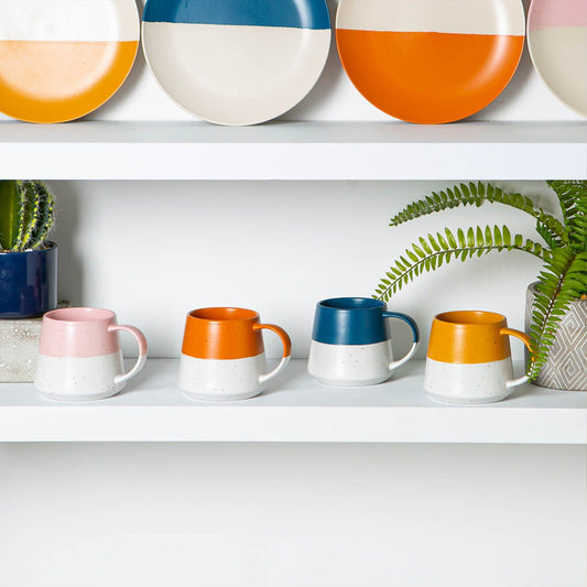 370ml Multicoloured Colour Block Flecked Stoneware Belly Mugs - Pack of Four