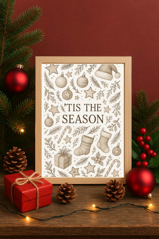 Neutral ’Tis the Season Wall Art – Neutral Christmas Stockings, Gifts & Ornaments Print