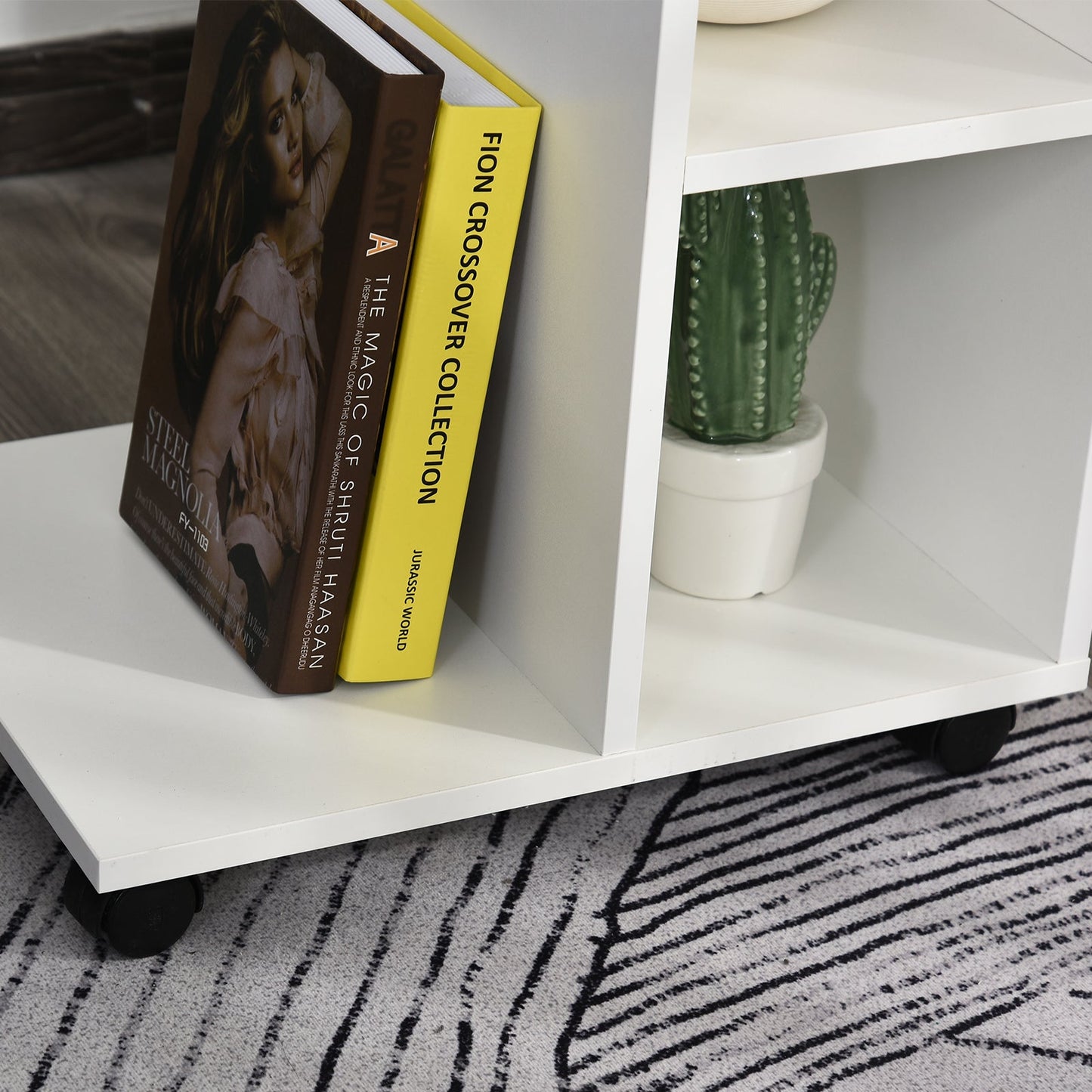 C Shape End Table Unique Storage Unit W 2 Shelves 4 Wheels Freestanding Home Office Furniture Cabinet Square Studio White
