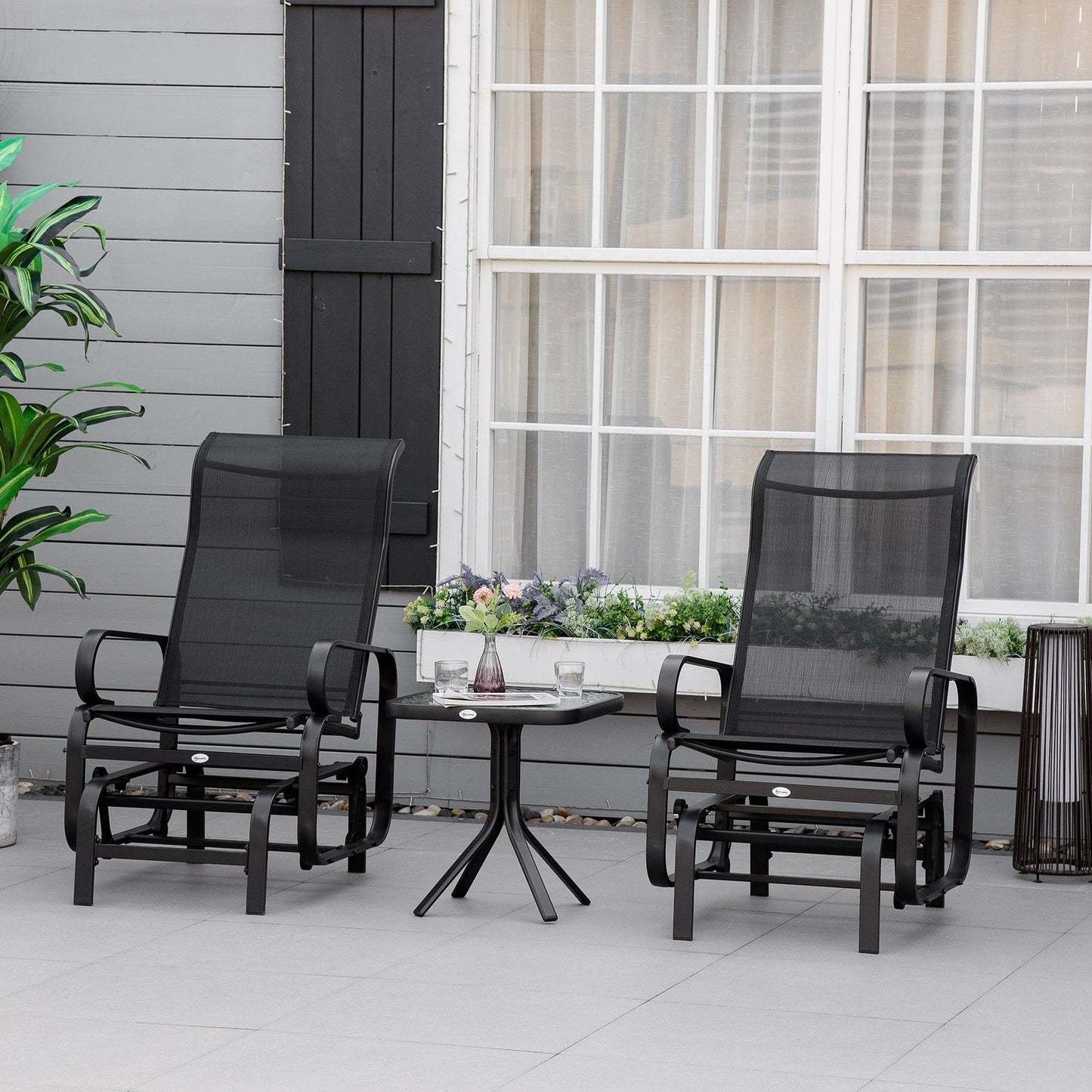 3-Piece Metal Outdoor Gliding Rocking Chair With Tea Table Patio Garden Comfortable Swing Chair Black
