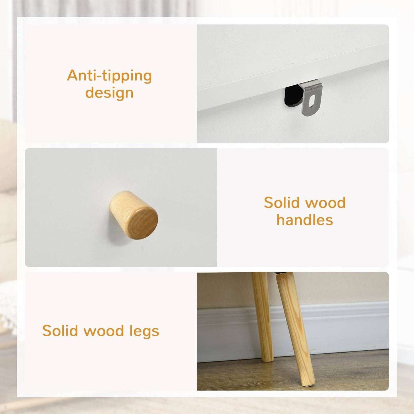 Chest Of Drawers 3-Drawer Storage Organiser Unit With Wood Legs For Bedroom Living Room White