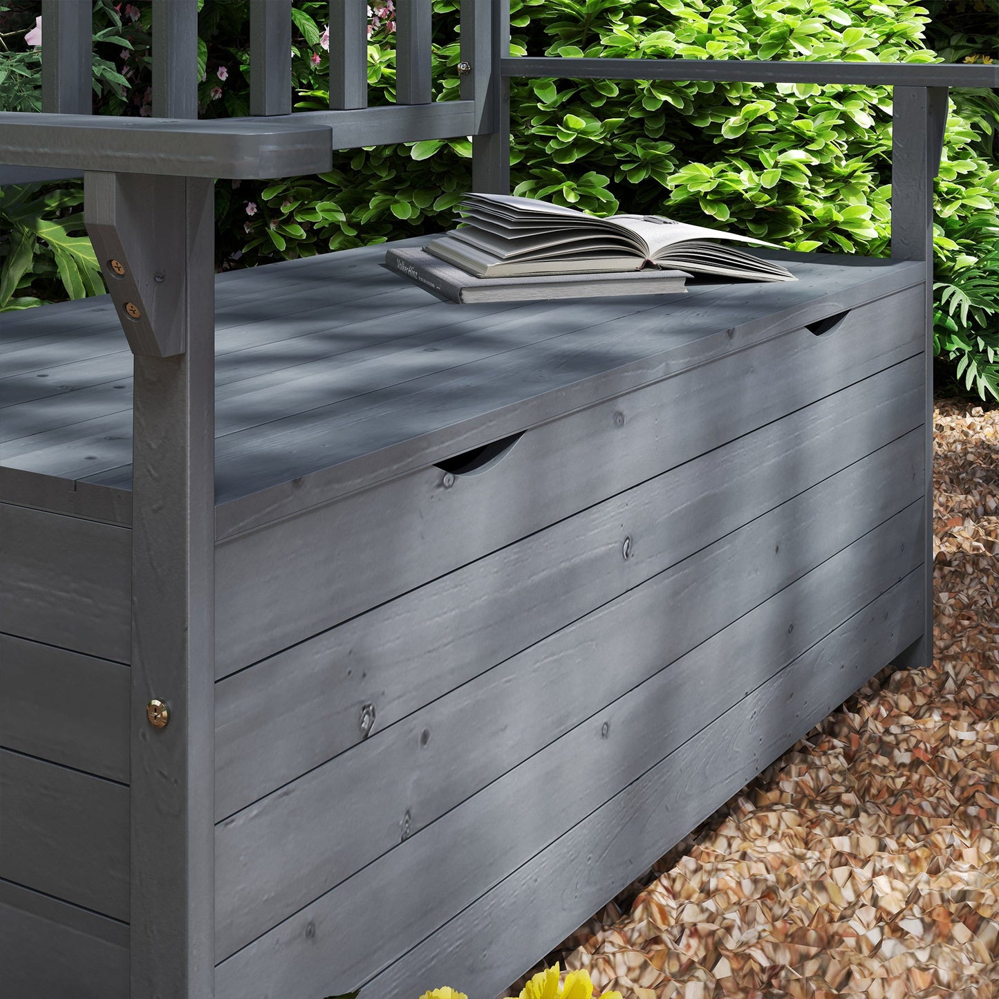 Outsunny Garden Storage Bench, 2 Seater Fir Wood Outdoor Bench, Dark Grey