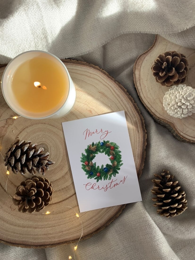 Merry Christmas Traditional Wreath Winter Christmas Seasonal Wall Home Decor Print