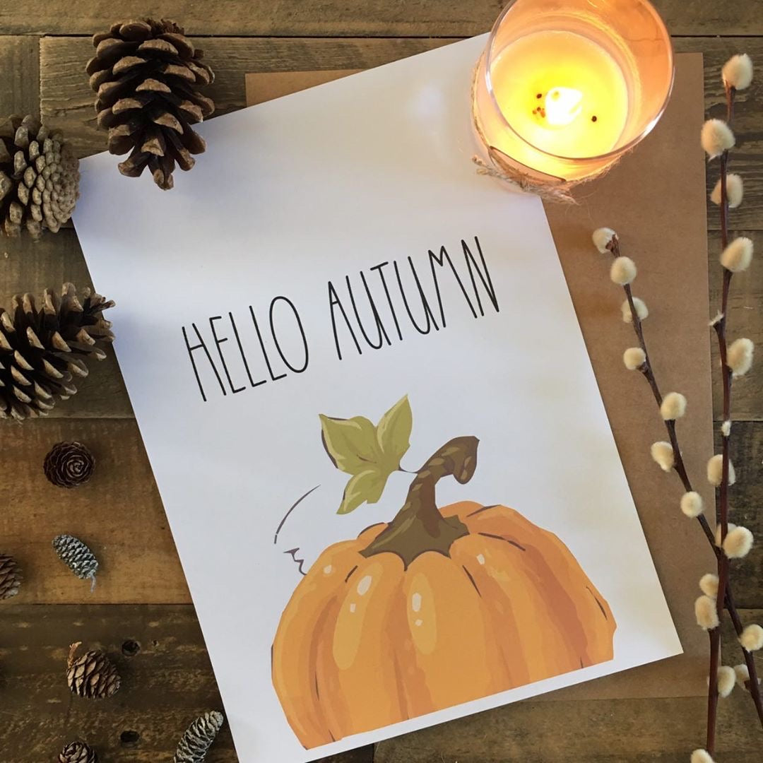 Hello Autumn Half Pumpkin Autumn Seasonal Wall Home Decor Print