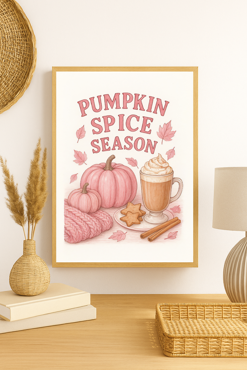 Pink Pumpkin Spice Season Wall Art – Cozy Autumn Print with Pumpkins, Coffee & Fall Leaves