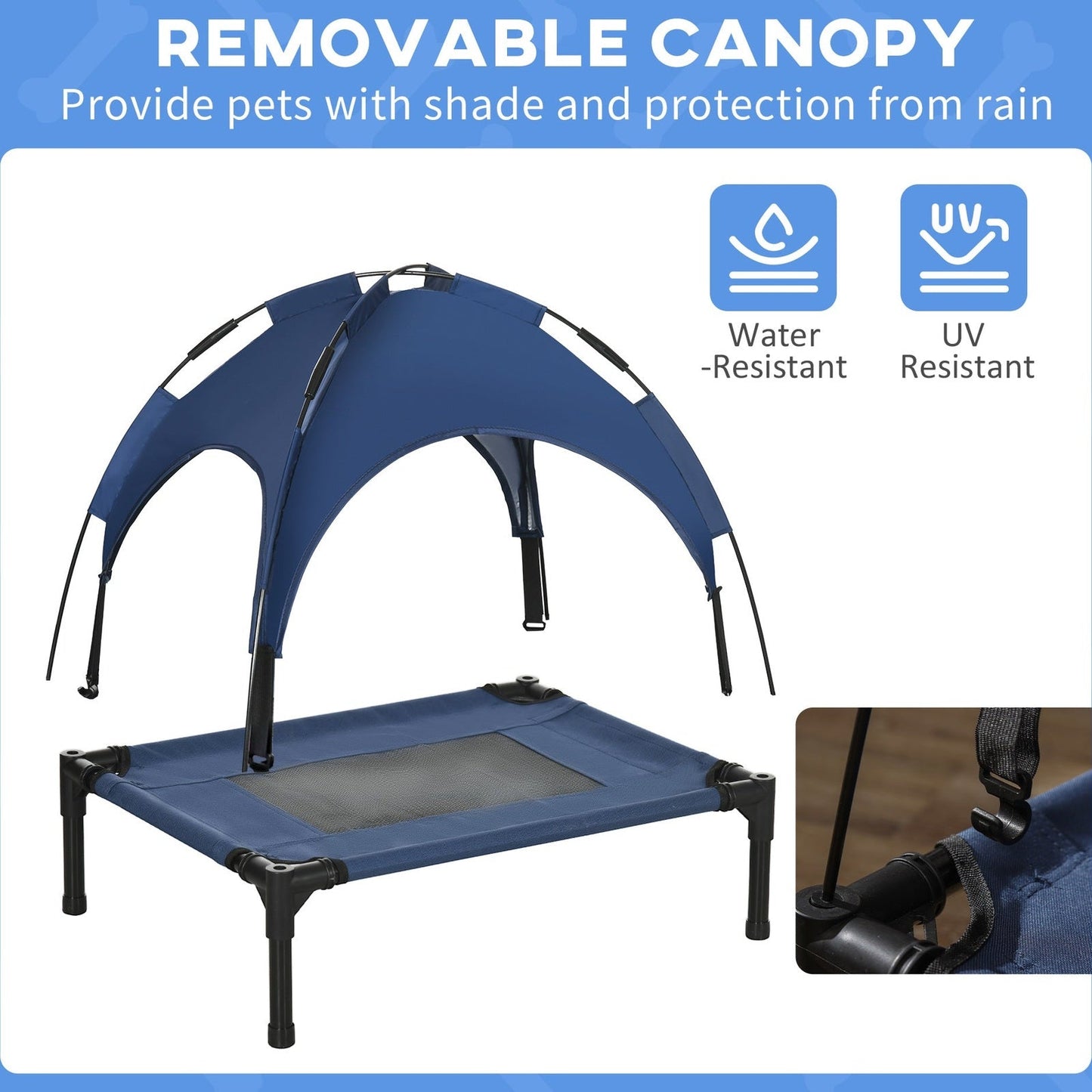 PawHut Raised Dog Bed Waterproof Elevated Pet Cot with Breathable Mesh UV Protection Canopy Blue