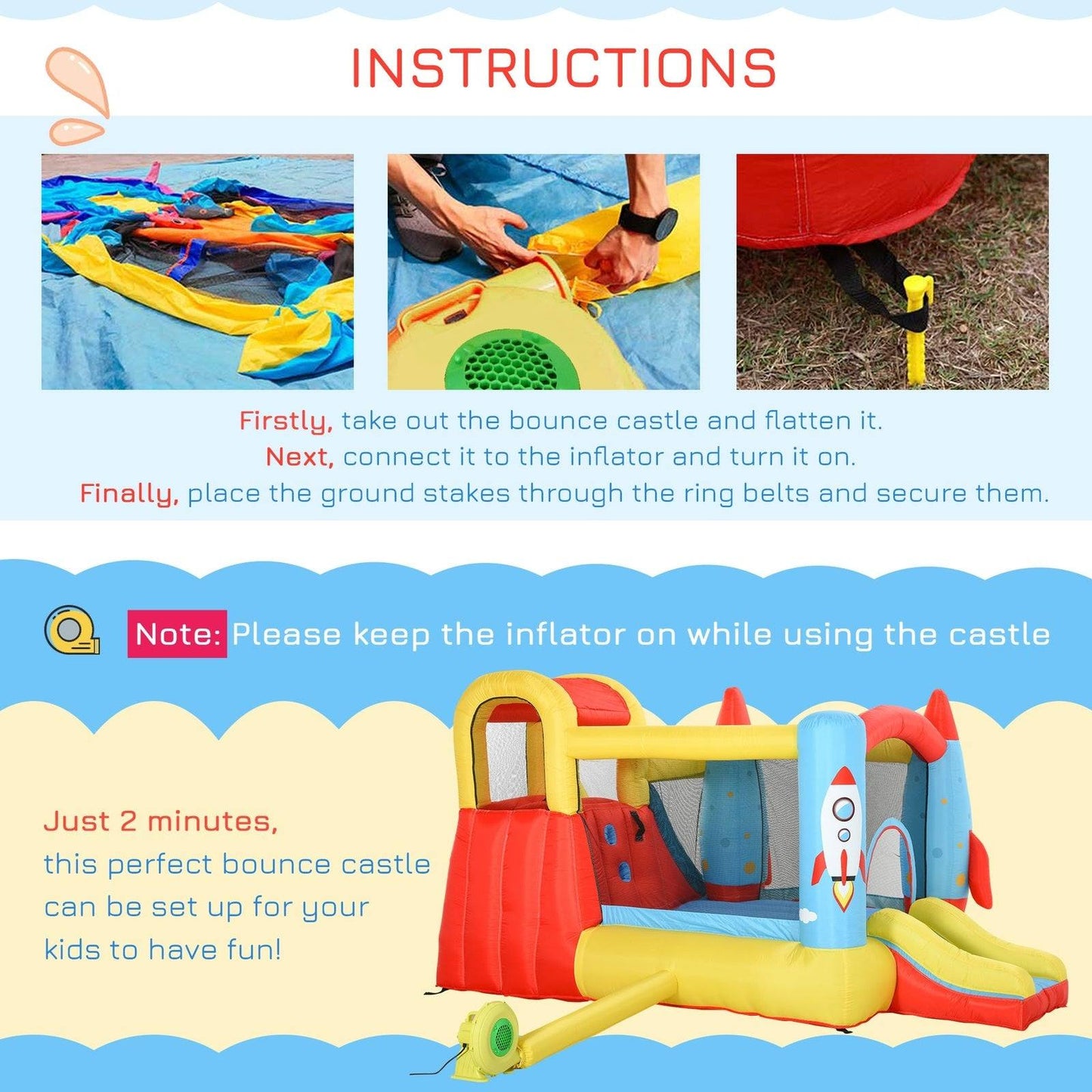 Bounce Castle Inflatable Trampoline Slide Pool Rocket Design 3.4 x 2.8 x 1.85m