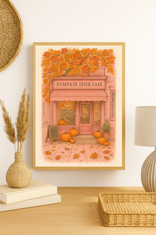 Pumpkin Spice Café Wall Art – Cozy Autumn Coffee Shop Print with Pumpkins & Fall Leaves