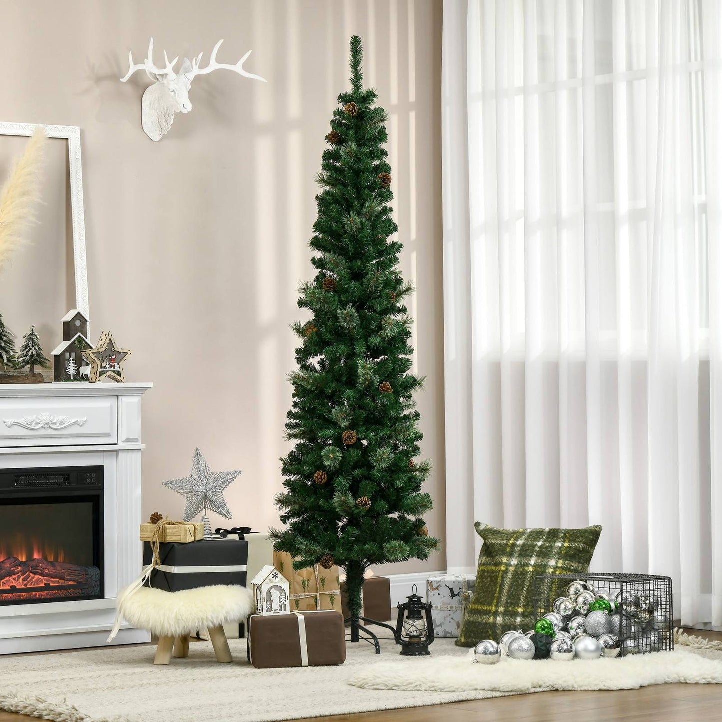 6.5FT Tall Pencil Slim Artificial Christmas Tree with Realistic Branches
