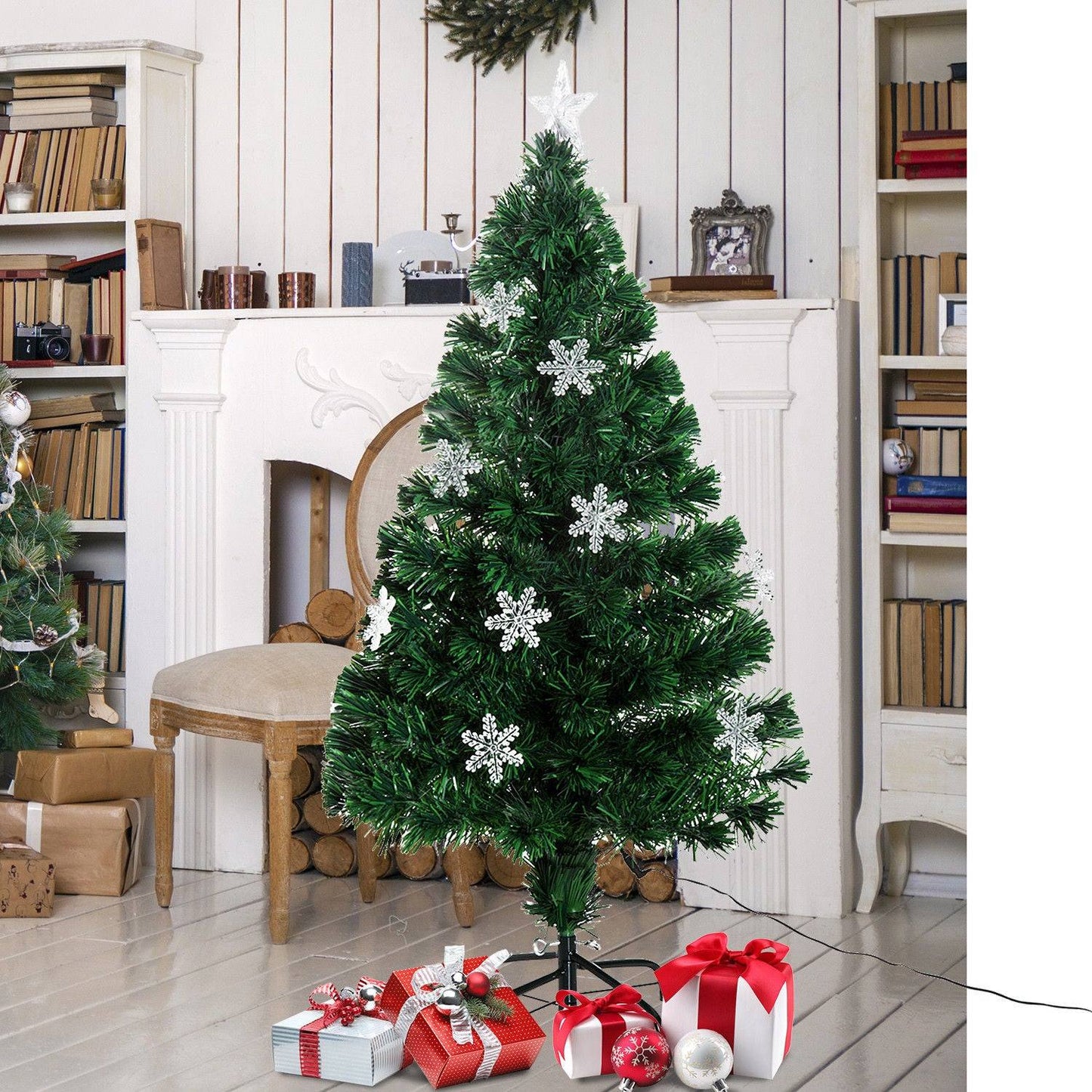 Homcom 4FT Green Fibre Optic Artificial Christmas Tree Xmas Colourful LED Scattered Tree with Snowflakes Ornaments Fireproofing