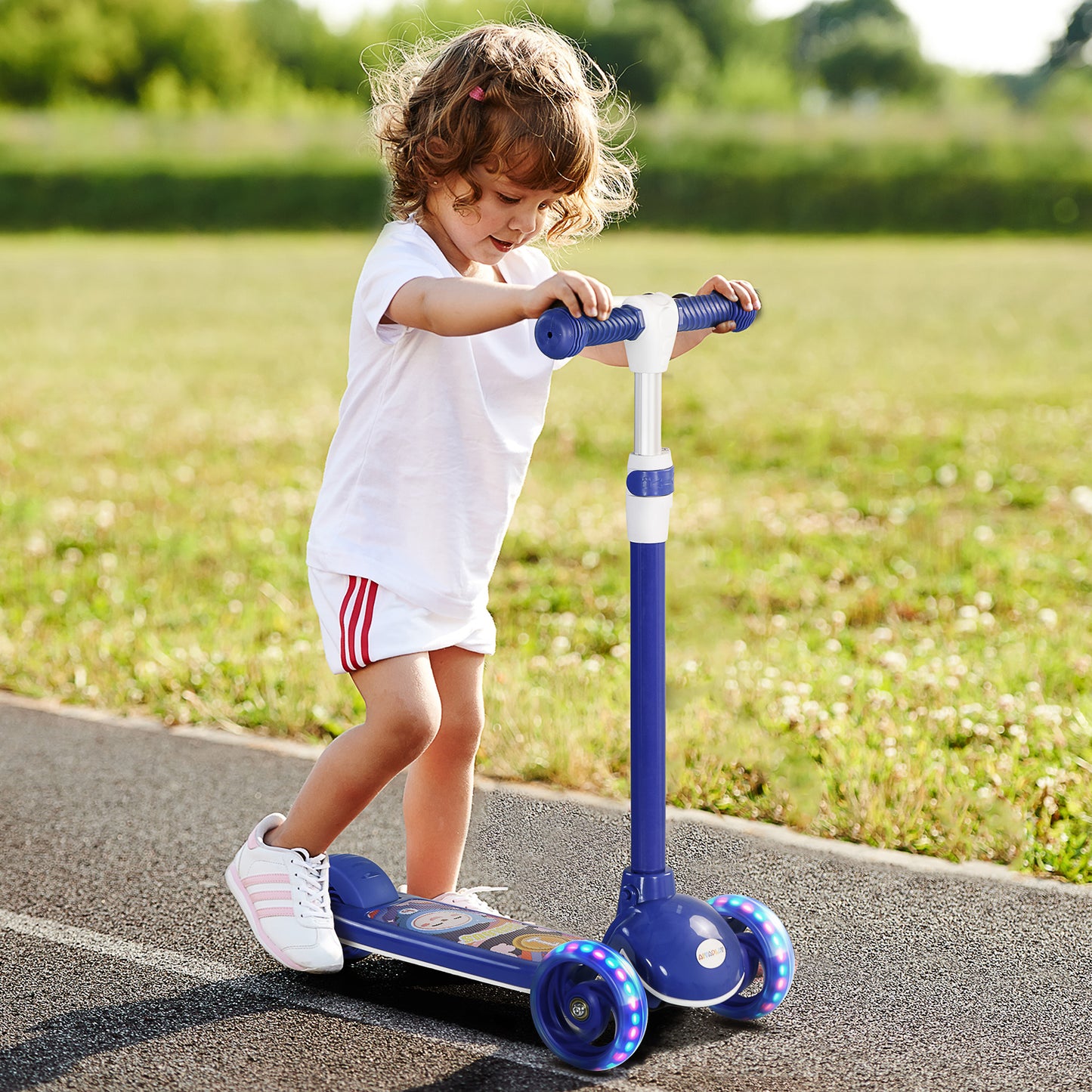 AIYAPLAY Kids 3 Wheel Scooter for 2-6 Years Old with Adjustable Height, LED Light, TPE Handlebar in Blue