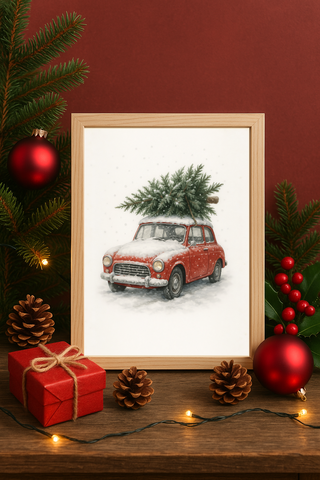 Red Car with Christmas Tree Wall Art – Snowy Winter Holiday Print