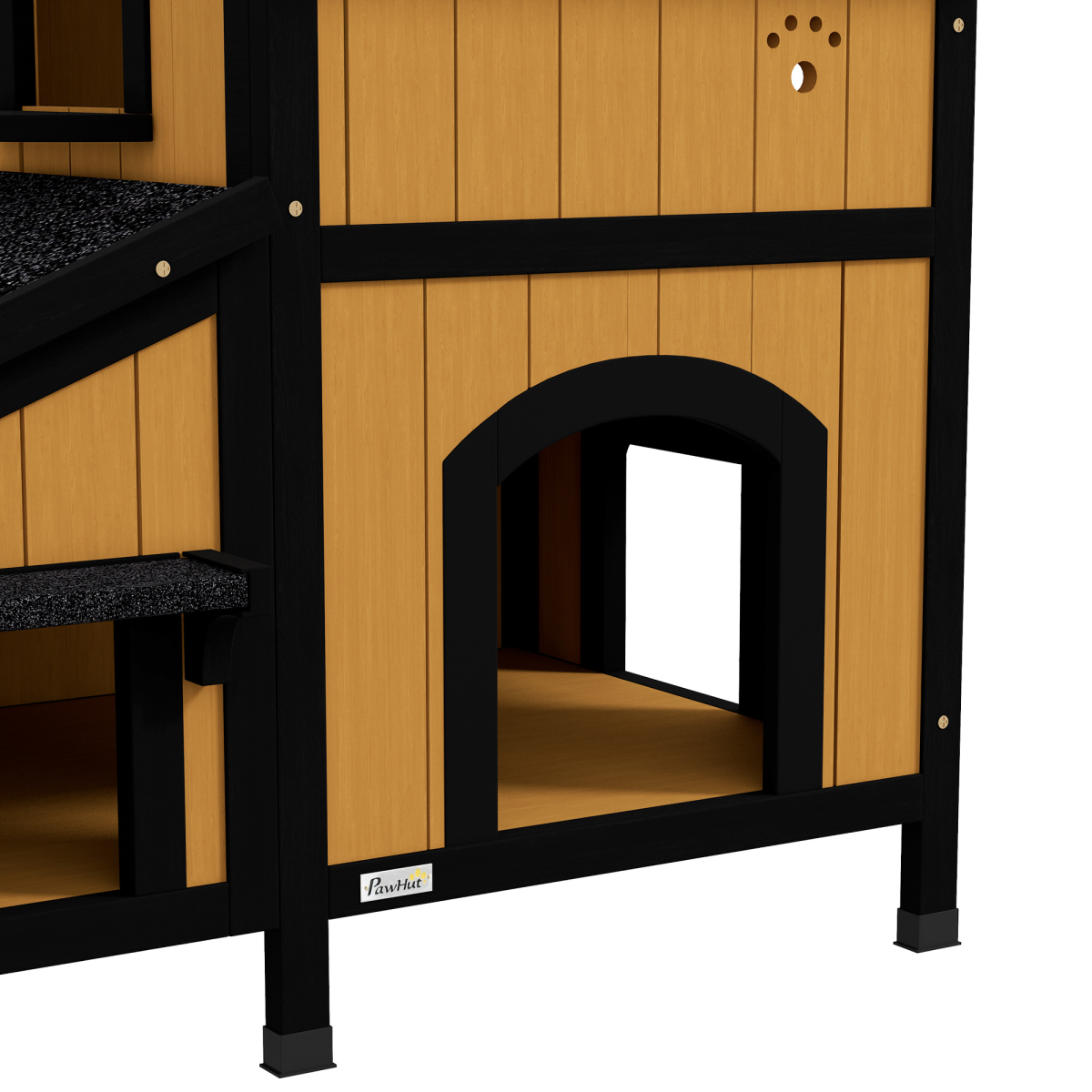PawHut Wooden Outdoor Cat House w/ Flower Pot, Windows, Multiple Entrances