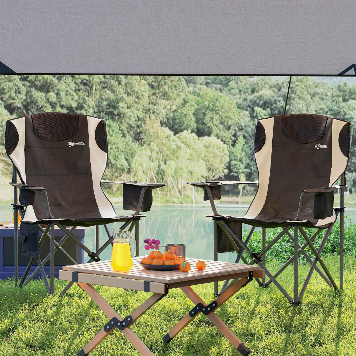 Outsunny Set of 2 Padded Folding Picnic Chairs with Cooler Bag