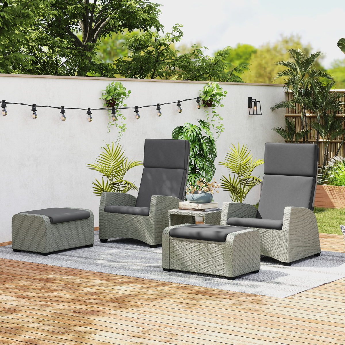 Outsunny 5 PCs Rattan Garden Furniture Set with Reclining Chairs