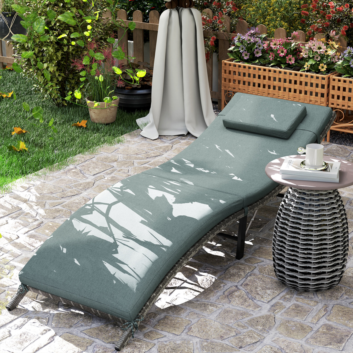 Outsunny Folding Rattan Sun Lounger with Cushion and Pillow