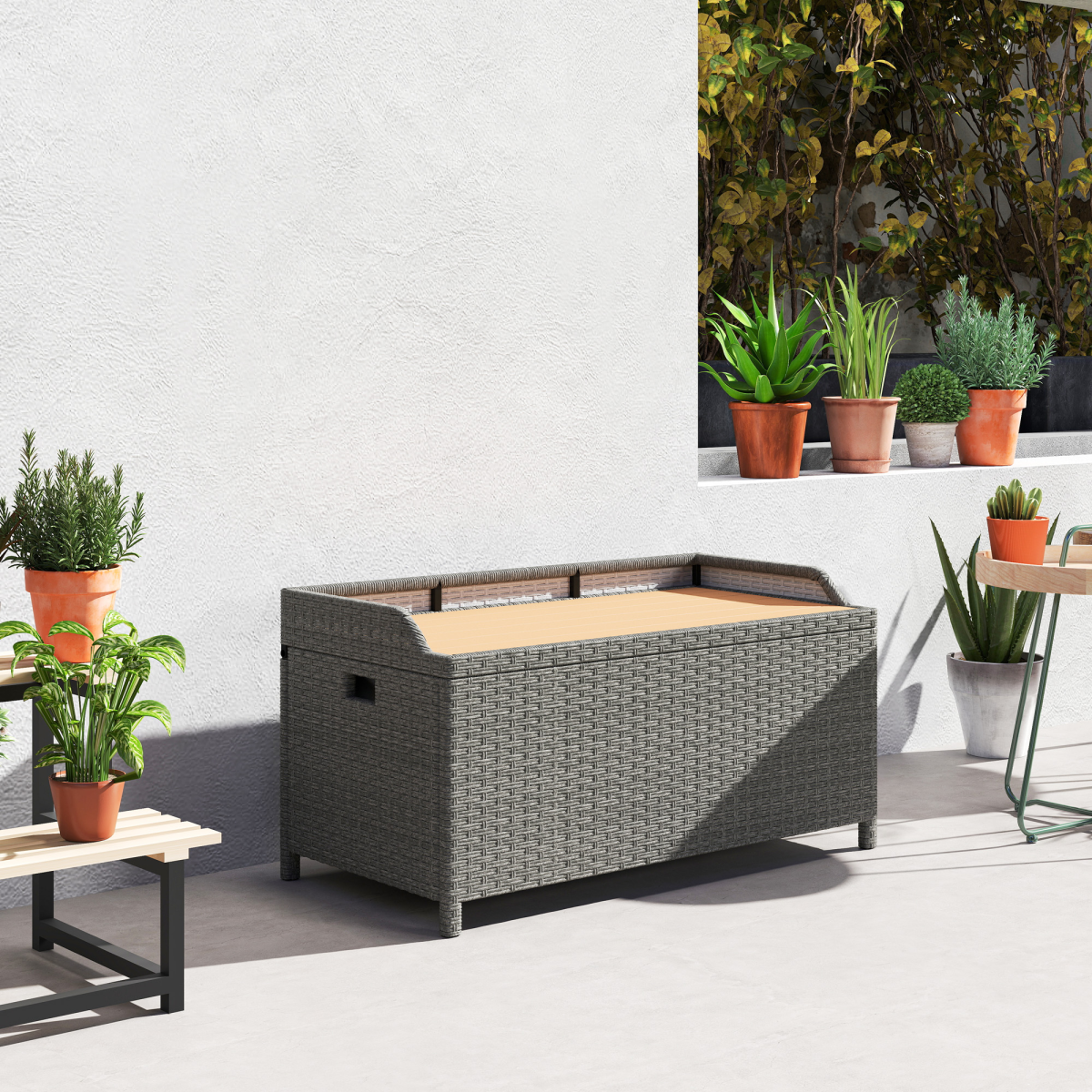 Outsunny Rattan Outdoor Storage Bench with Aluminium Frame