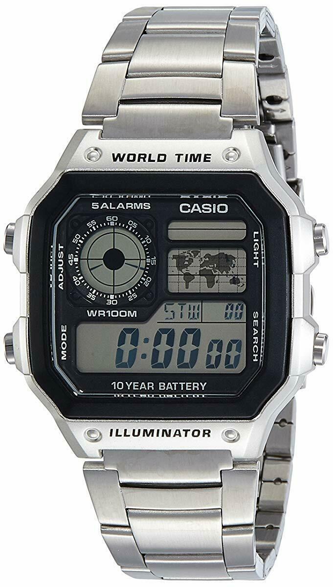 Casio Men's Digital World Time Illuminator Stainless Steel Bracelet Watch - AE-1200WHD-1AVDF