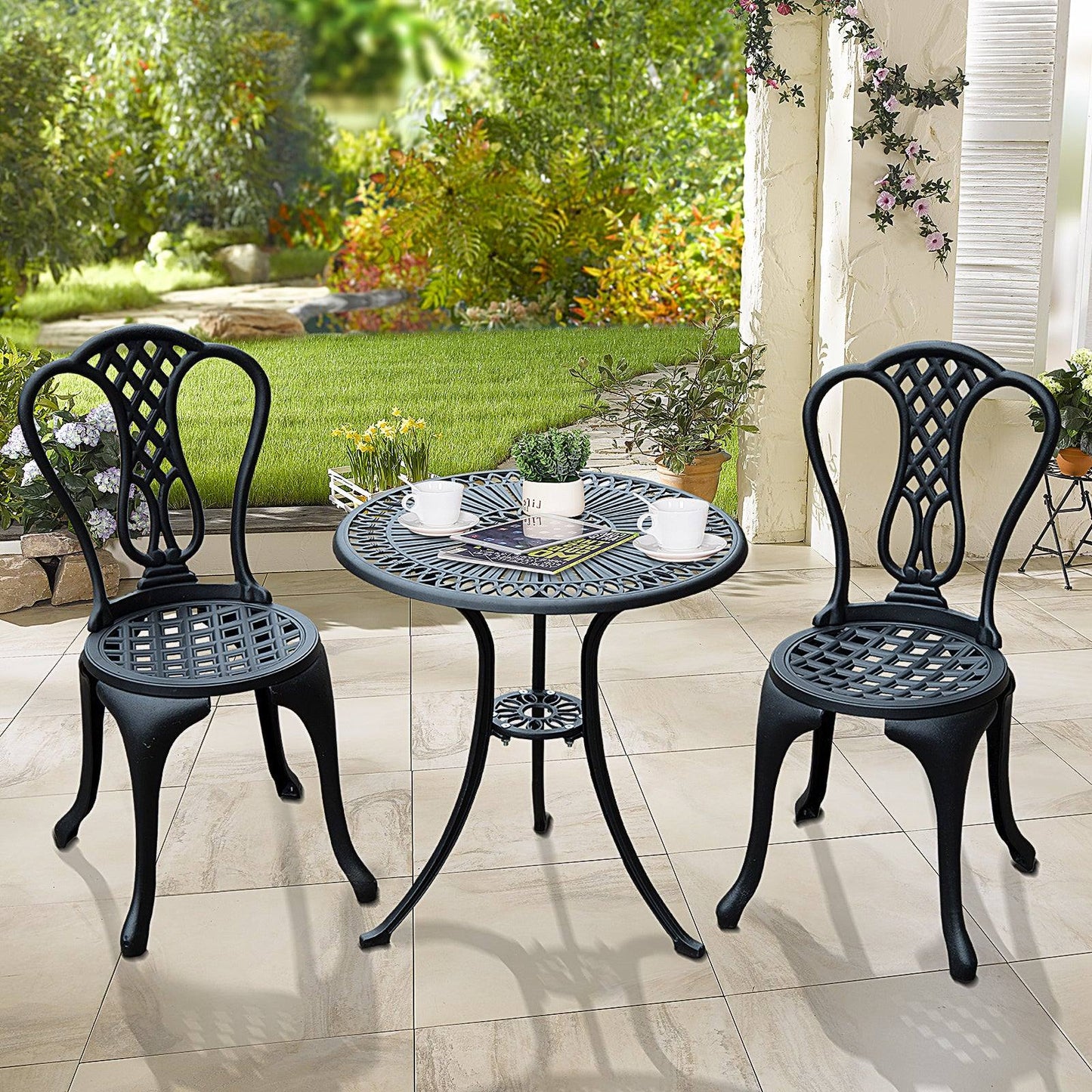 3-Piece Patio Cast Aluminium Bistro Set Garden Outdoor Furniture Table and Chairs Shabby Chic Style