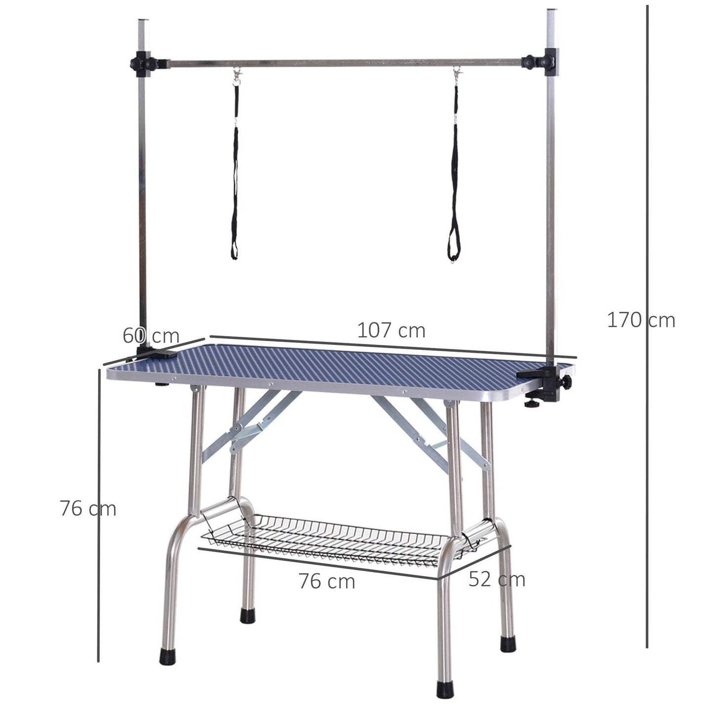 Pawhut Adjustable Dog Grooming Table Rubber Top 2 Safety Slings Mesh Storage Basket Heavy Metal Blue 107 X 60 X 170cm