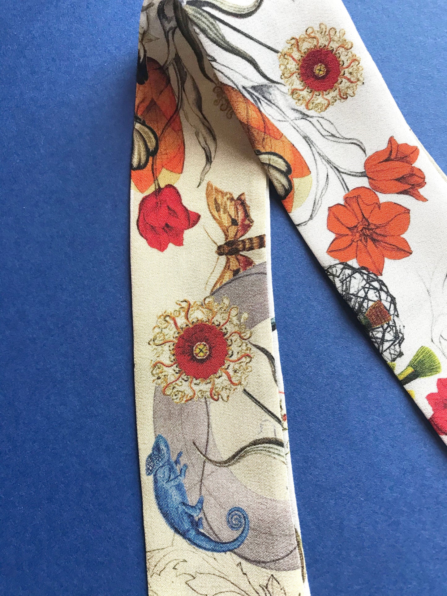 Cream 'Skinny' Silk scarf in the botanical 'Evolution' Print, delicate, lightweight Twilly style scarf accessory