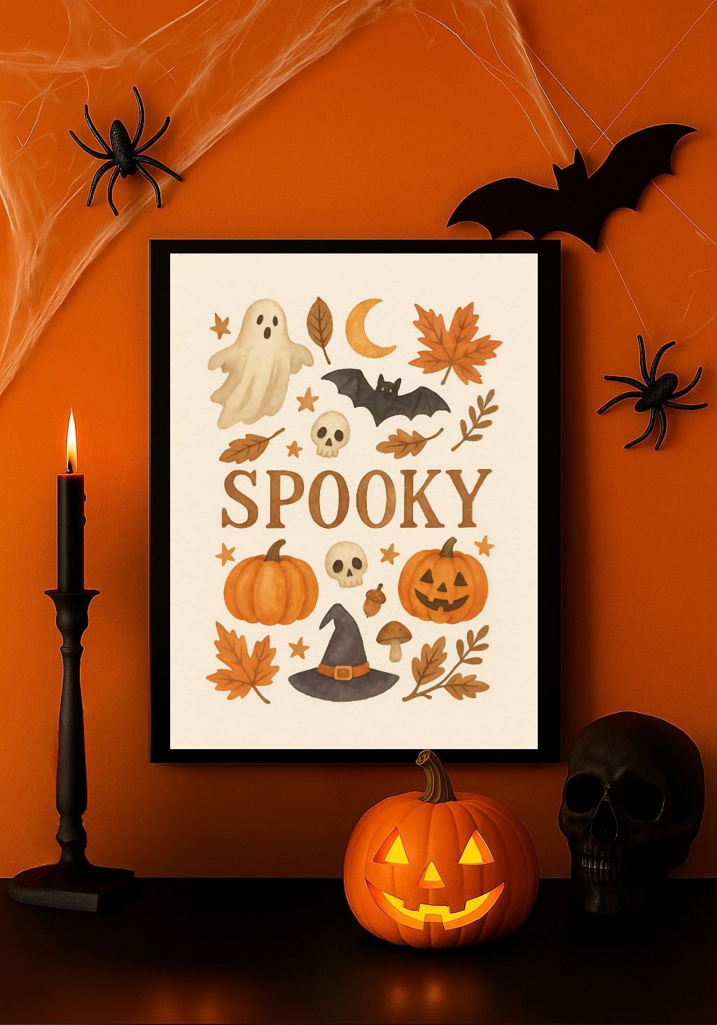 Spooky – Cute Ghost, Pumpkin & Autumn Leaves Halloween Wall Art Print