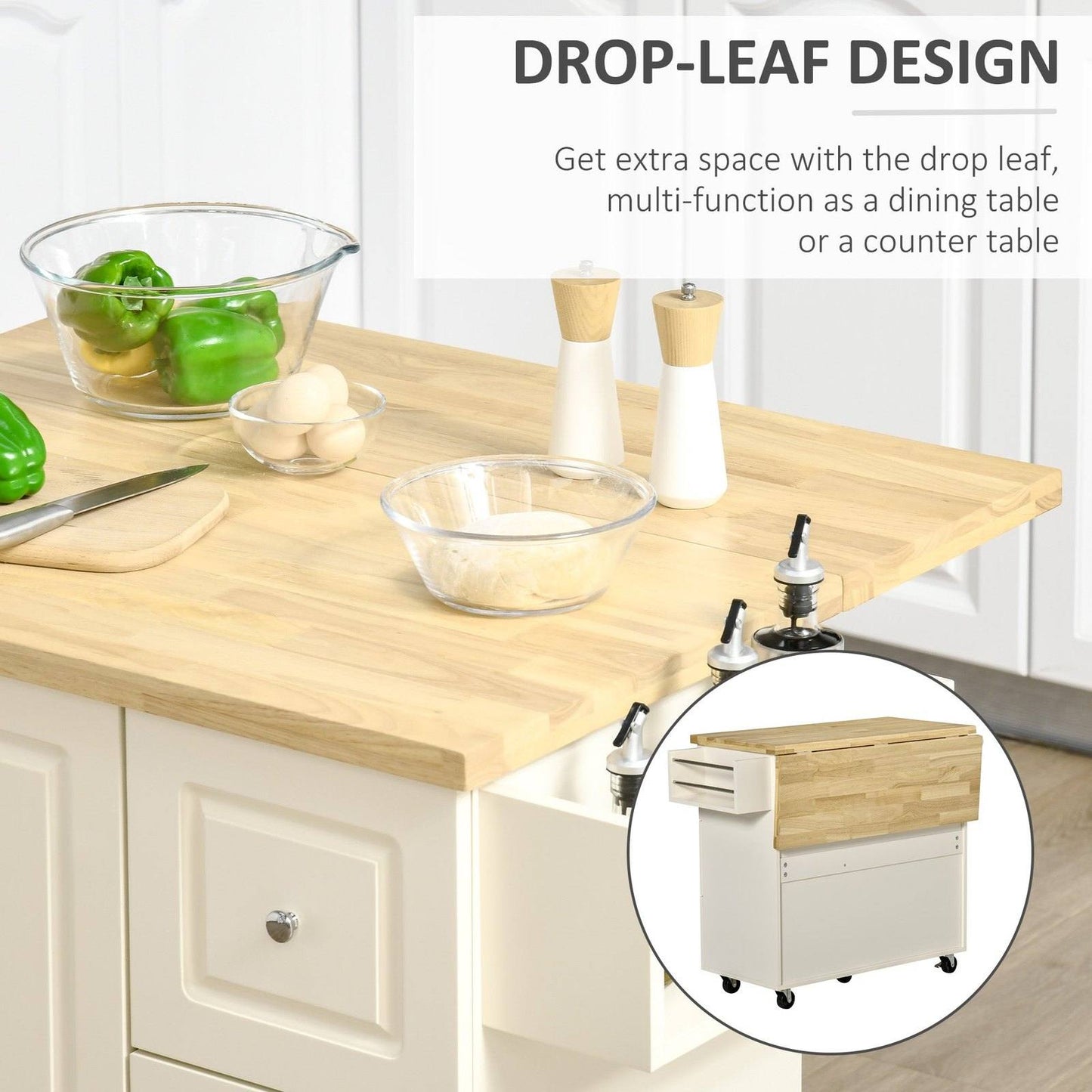 Drop-Leaf Kitchen Island on Wheels Utility Storage Cart with Drawers & Cabinet for Kitchen