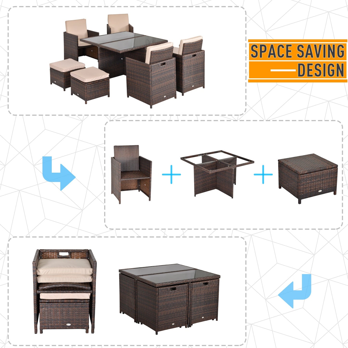 9-Pieces PE Rattan Cube Garden Furniture Set with Cushions