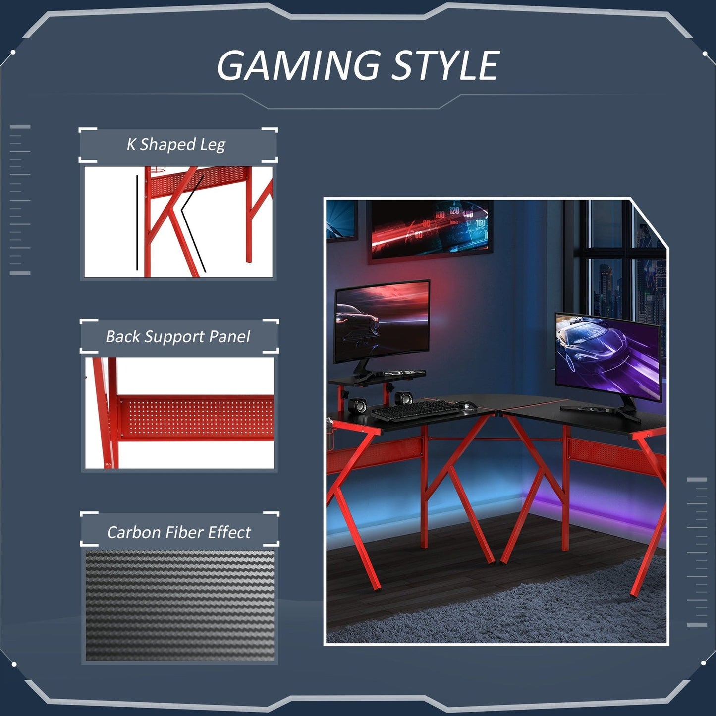 Gaming Desk L-Shaped Corner Computer Table for Home Office PC Workstations with Adjustable Monitor Stand Cup Holder Headphone Hook 125x125x75cm