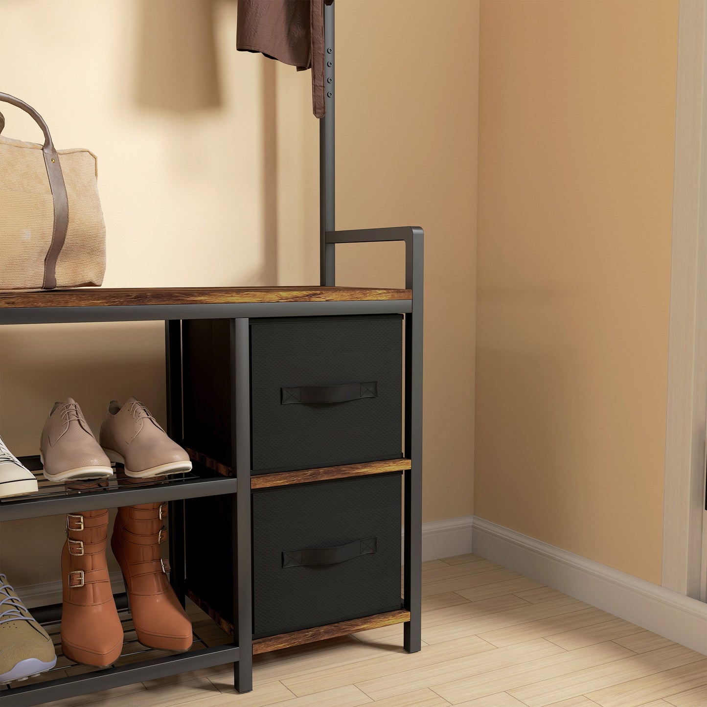 HOMCOM Coat Rack with Drawer, 4-in-1 Hall Tree with Coat Stand, Rustic Brown