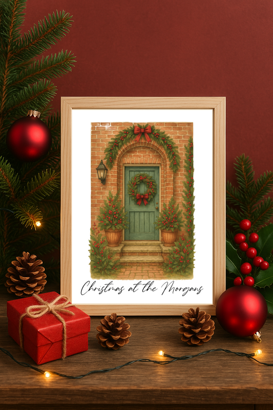 Traditional Surname Christmas Front Door Wall Art – Festive Wreath & Holiday Garland Print