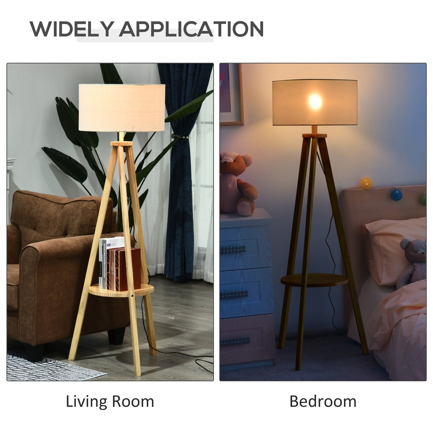 Free Standing Tripod Floor Lamp Bedside Light Reading Light With Storage Shelf Linen Shade For Living Room Bedroom