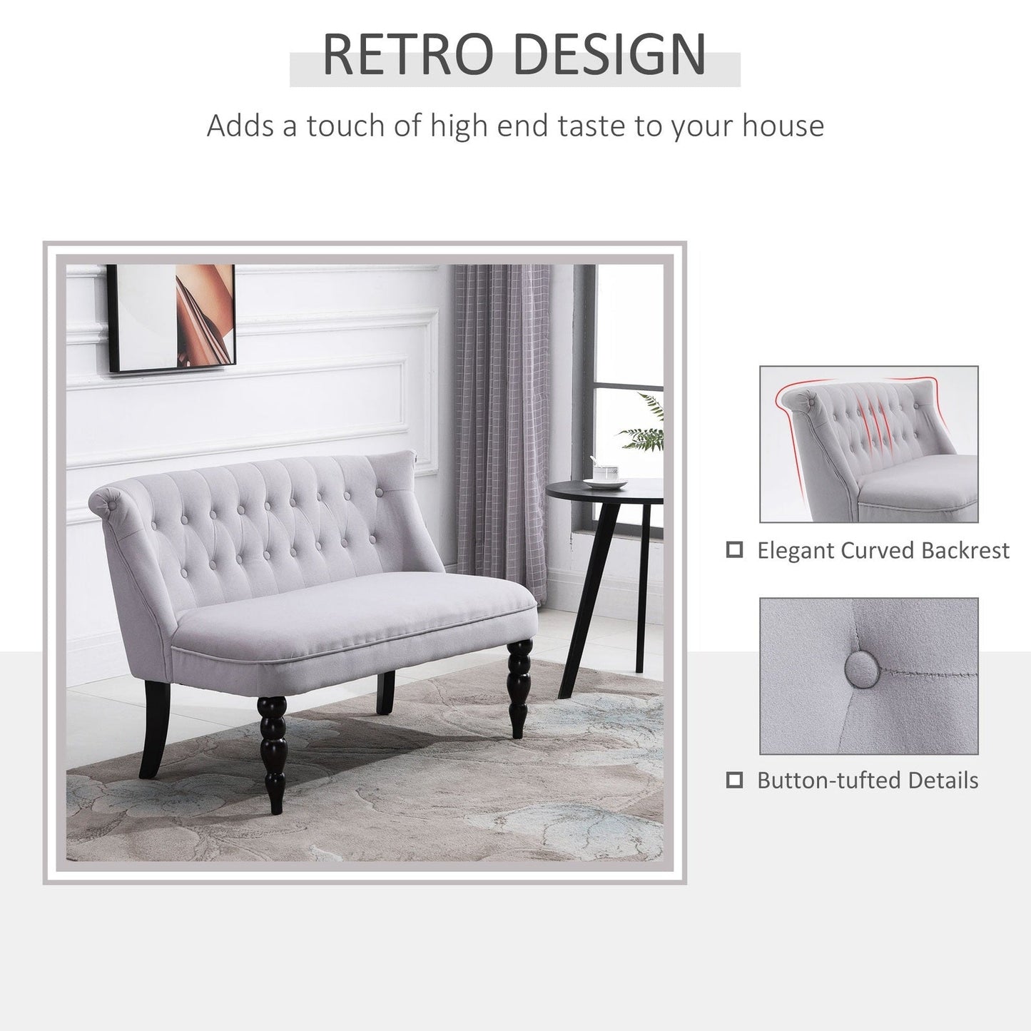 2 Seat Sofa Lounger Couch with Wood Frame Button Tufts Carved Legs Vintage Design Compact Home Bedroom Loveseat Grey