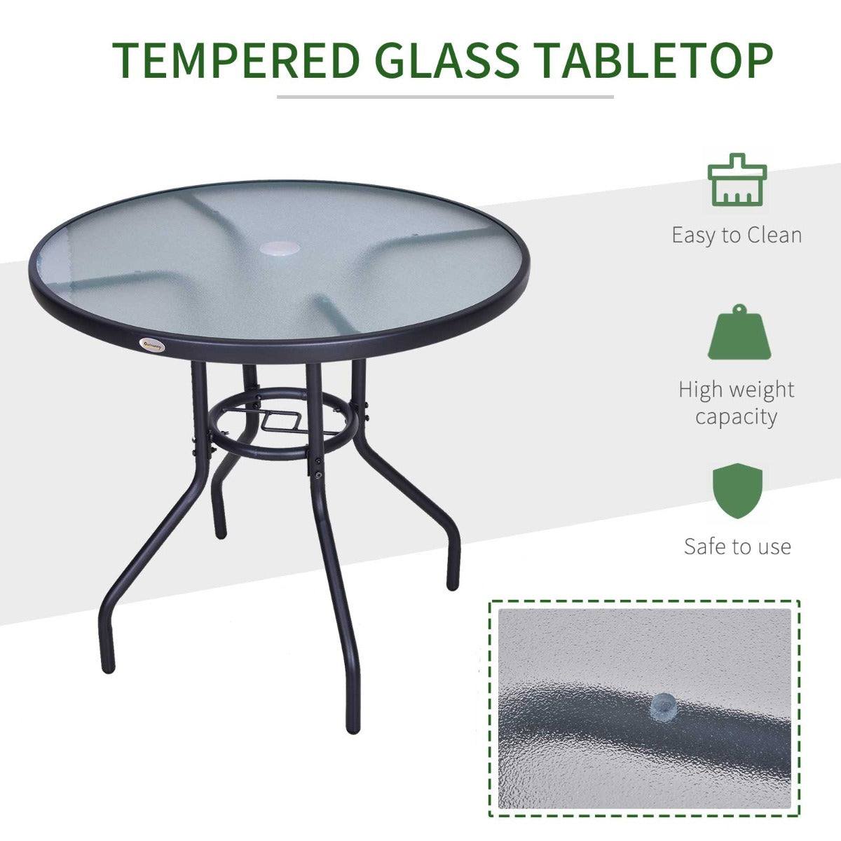 Outdoor 80cm Round Dining Table Tempered Glass Top Steel Frame Bistro Coffee End Side Table Garden w/ Parasol Hole