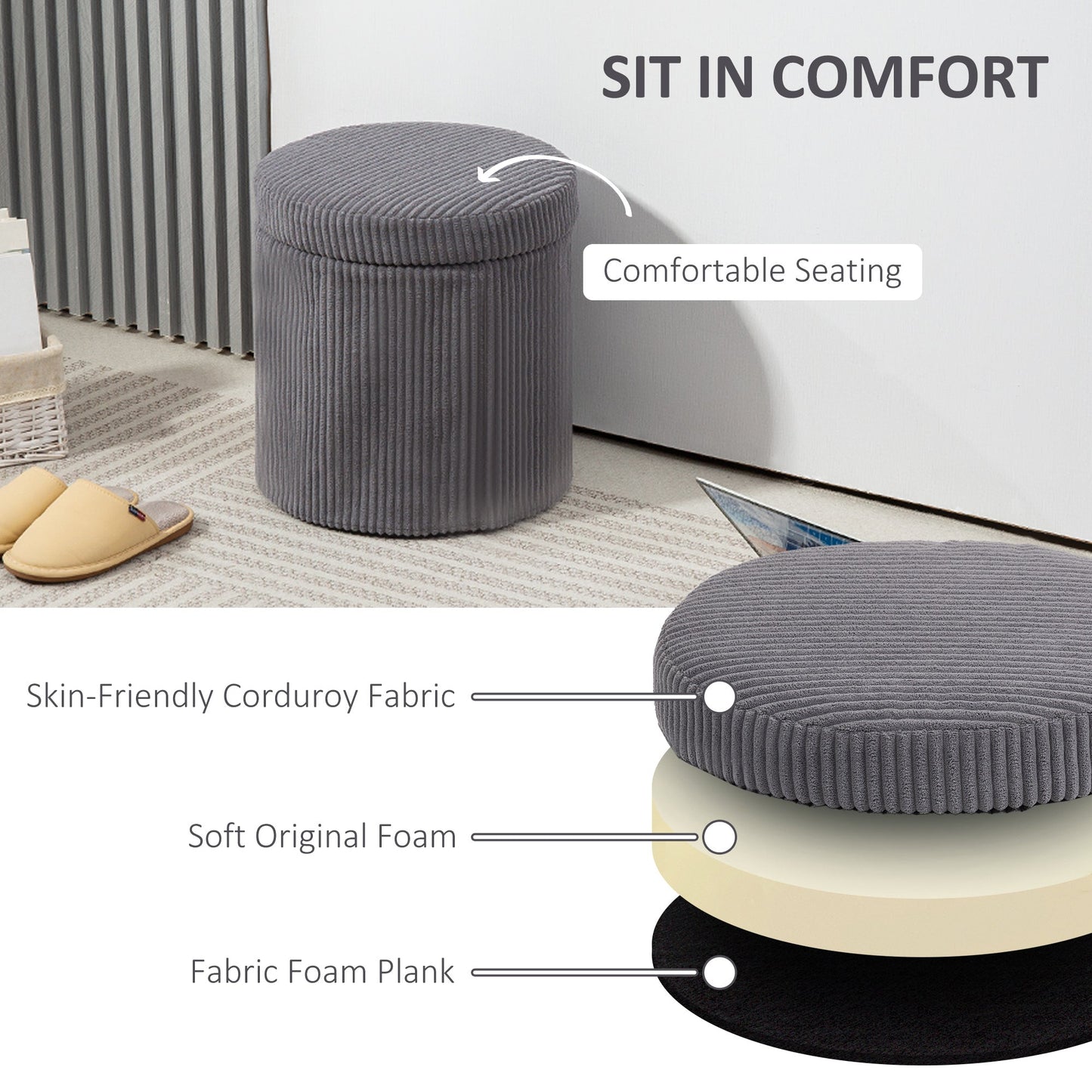 HOMCOM Round Storage Ottoman with Lid, Vanity Stool with Storage