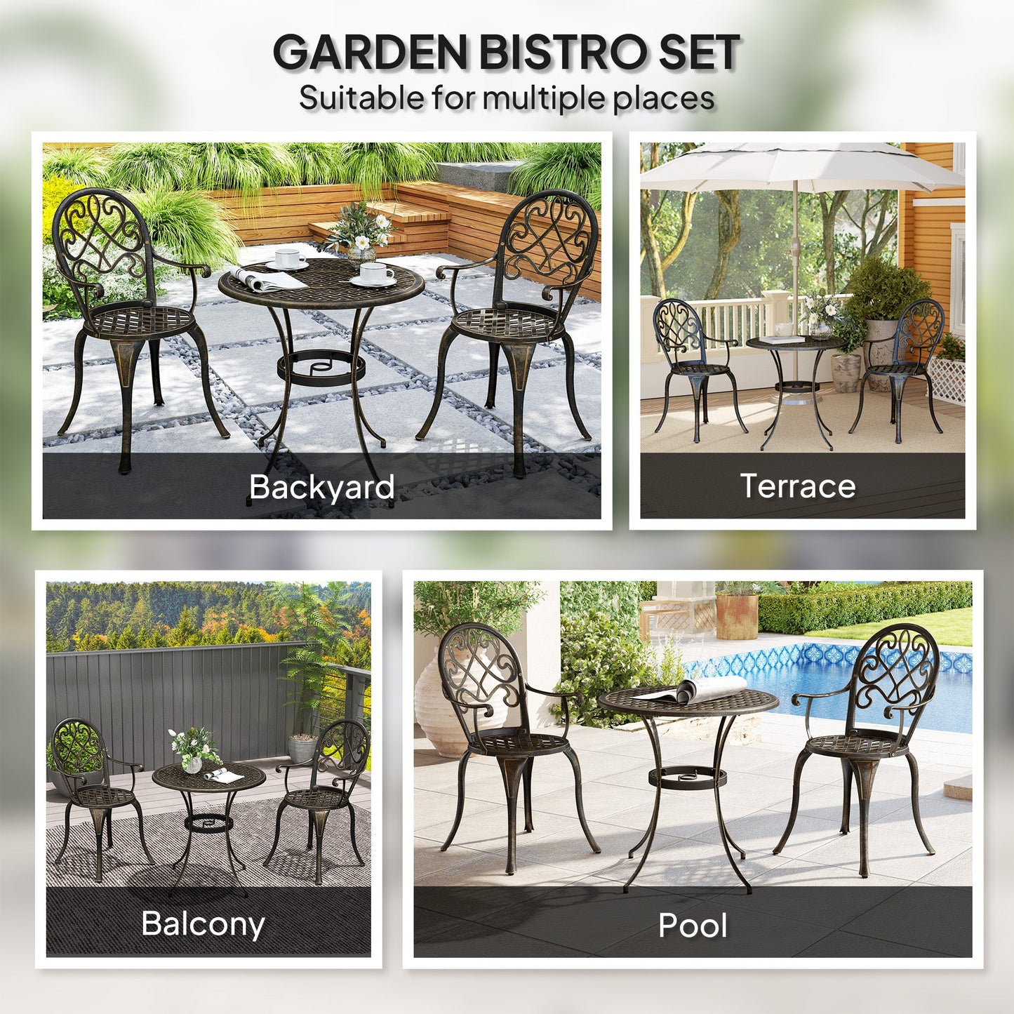 Outsunny 3PCs Bistro Set, Aluminium Garden Table and Chairs