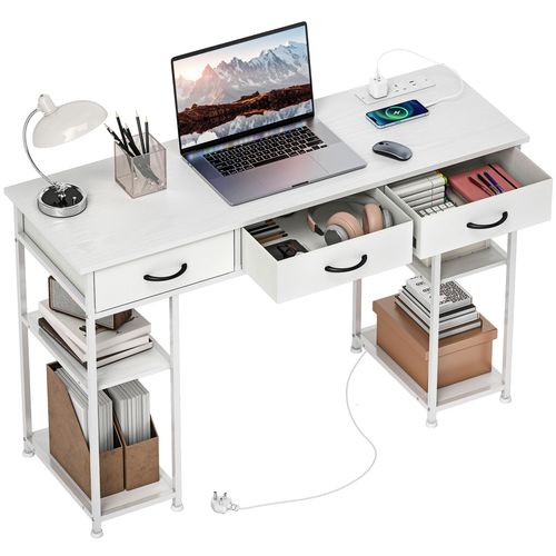 HOMCOM Computer Writing Desk with Power Outlets, Drawers, Shelves