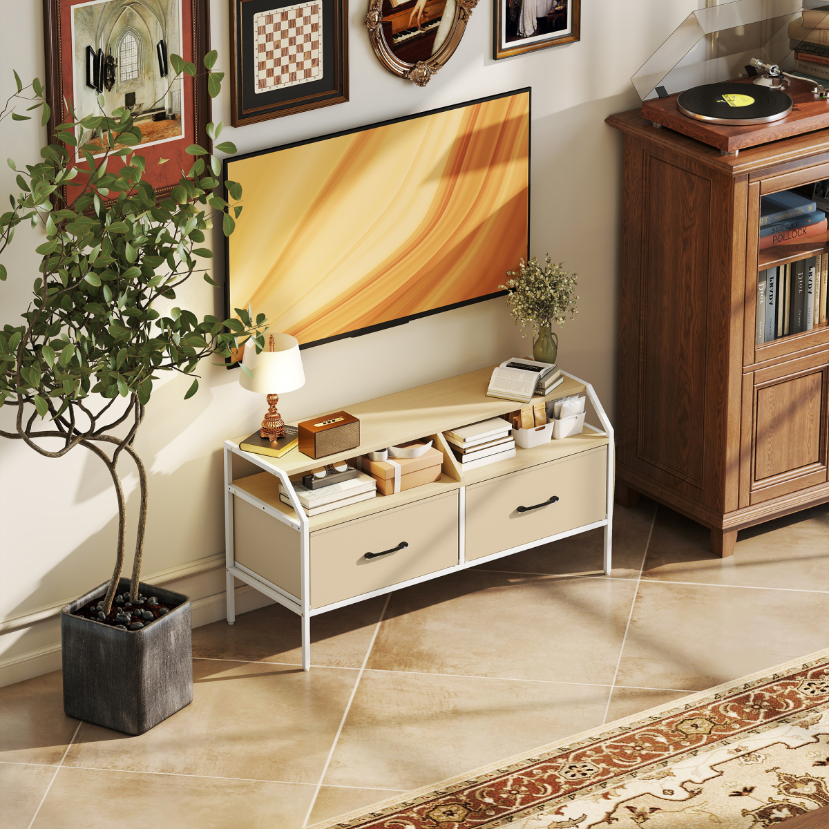 HOMCOM TV Stand Cabinet with 2 Foldable Drawers