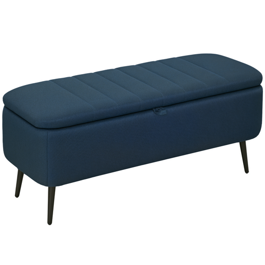 HOMCOM Storage Ottoman Bench, Linen Fabric Footstool with Steel Legs Blue