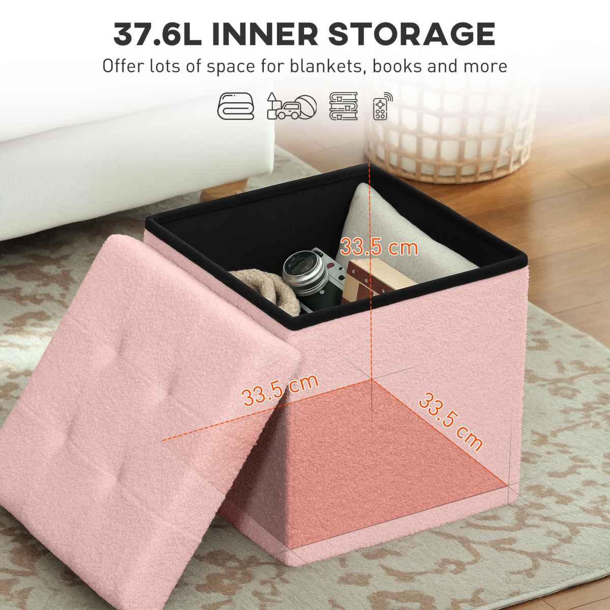 HOMCOM Foldable Velvet-Feel Storage Ottoman, 38 x 38 x 38 cm, Grey