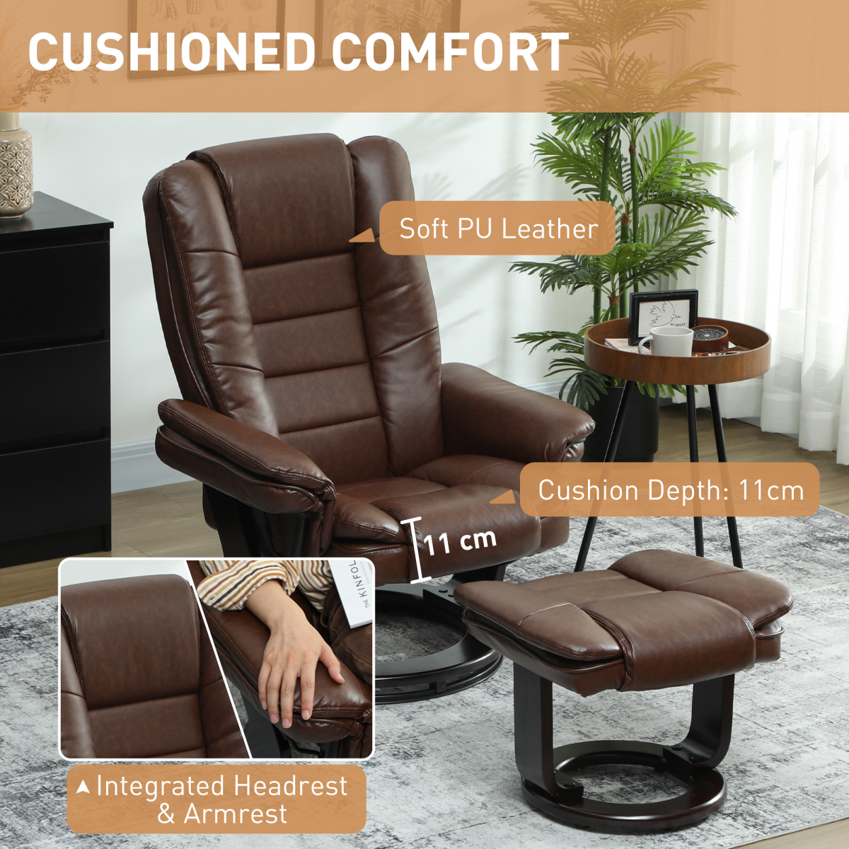 HOMCOM Swivel Manual Recliner and Footrest Set PU Leather Chair Brown