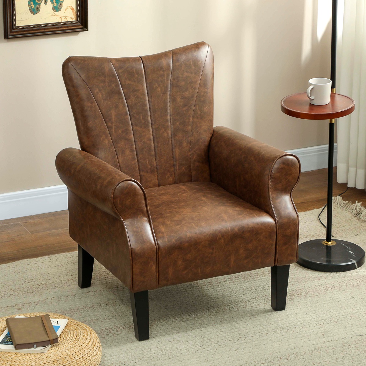HOMCOM Upholstered Modern Accent Chair, Armchair with Wood Legs, Brown