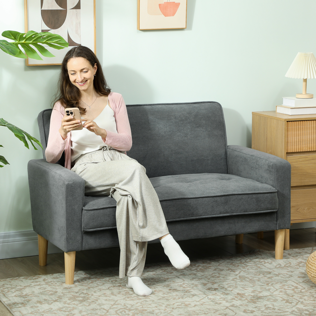 HOMCOM 2 Seater Sofa, Velvet-Feel Upholstered Loveseat for Small Space, Beige