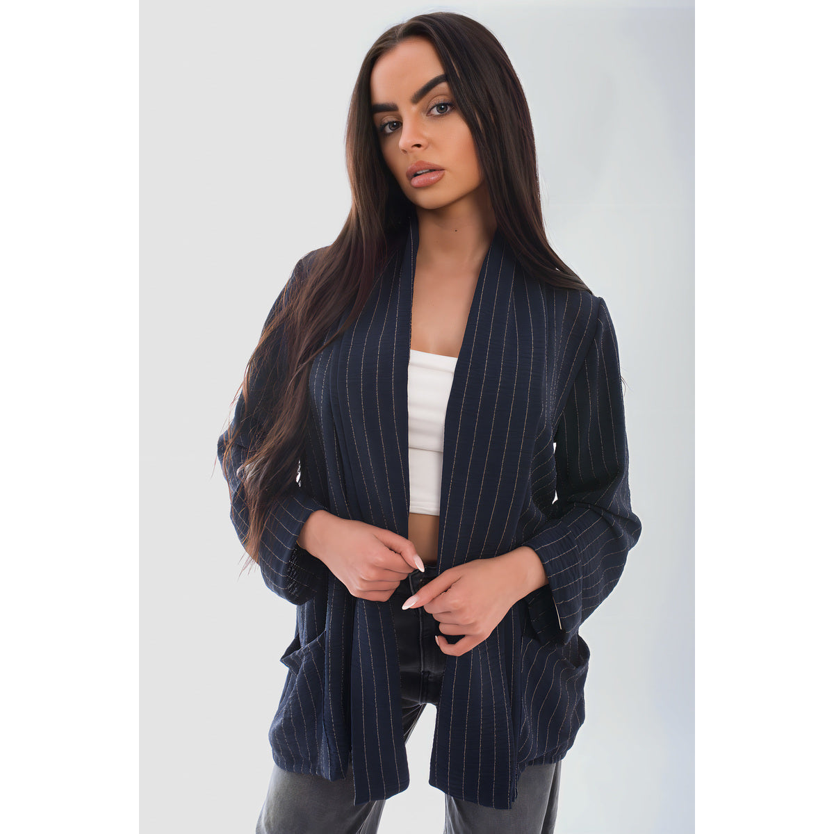 Oversized Striped Long Sleeve Cardigan with Pockets