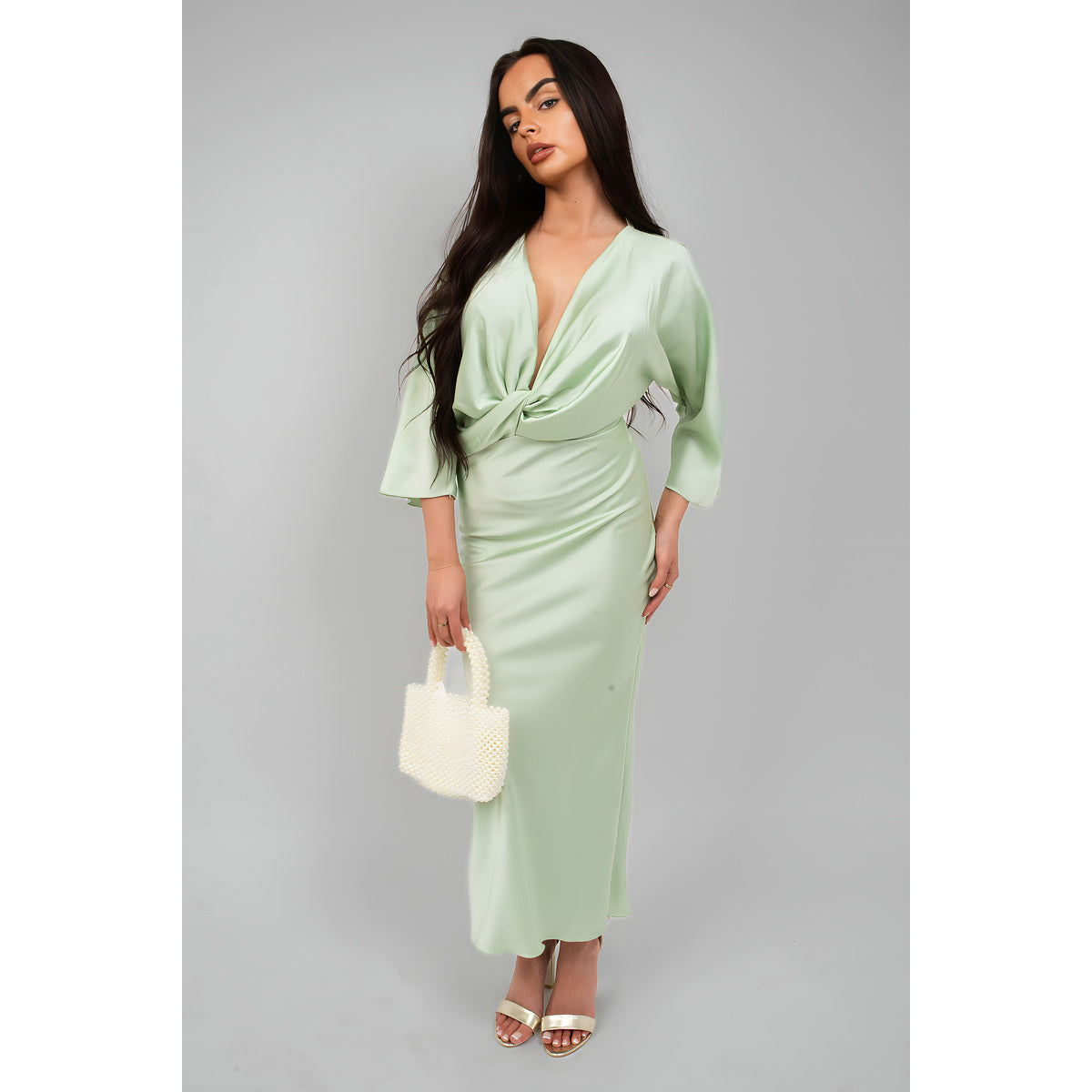 V-Neck Twist Front Midi Dress