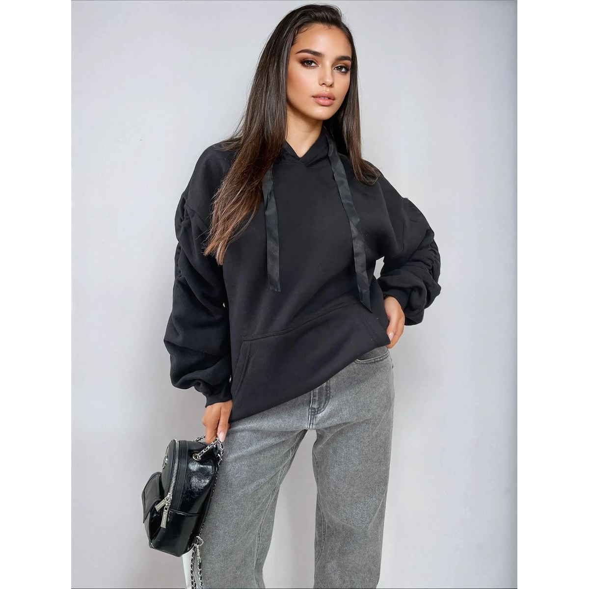 Ruched Sleeve Oversized Hoodie with Front Pouch Pocket